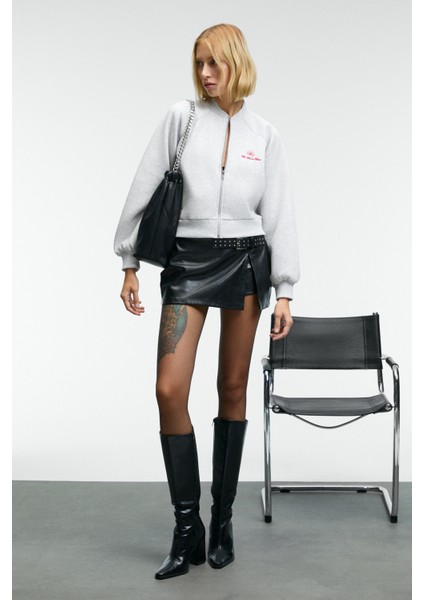 YASVELL Kadın Metal Fermuarlı Çift Cepli Nakış Detaylı Balon Kollu Bomber Grimelanj Ceket fiyatları