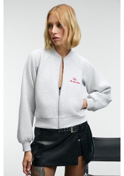 YASVELL Kadın Metal Fermuarlı Çift Cepli Nakış Detaylı Balon Kollu Bomber Grimelanj Ceket modelleri