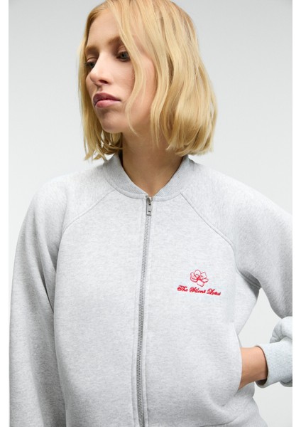 YASVELL Kadın Metal Fermuarlı Çift Cepli Nakış Detaylı Balon Kollu Bomber Grimelanj Ceket fırsatları