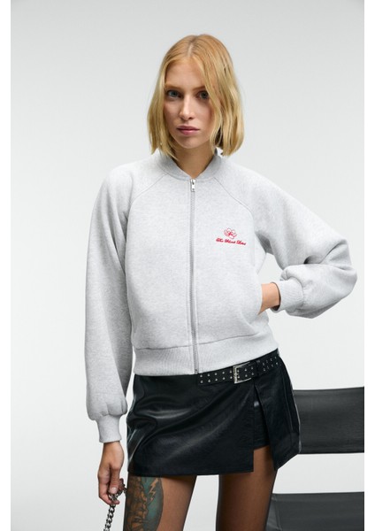 YASVELL Kadın Metal Fermuarlı Çift Cepli Nakış Detaylı Balon Kollu Bomber Grimelanj Ceket indirimleri