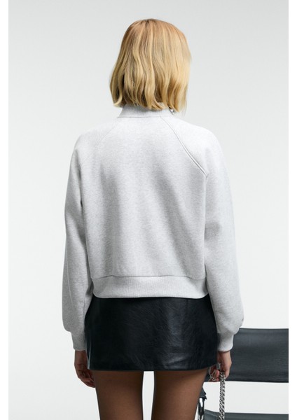 YASVELL Kadın Metal Fermuarlı Çift Cepli Nakış Detaylı Balon Kollu Bomber Grimelanj Ceket