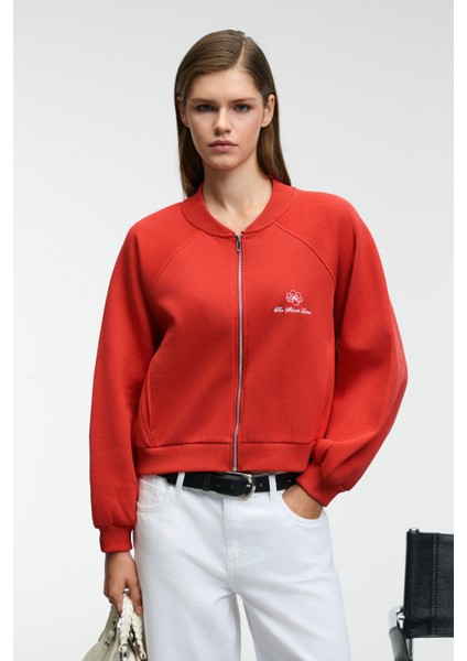 YASVELL Kadın Metal Fermuarlı Çift Cepli Nakış Detaylı Balon Kollu Bomber Kırmızı Ceket