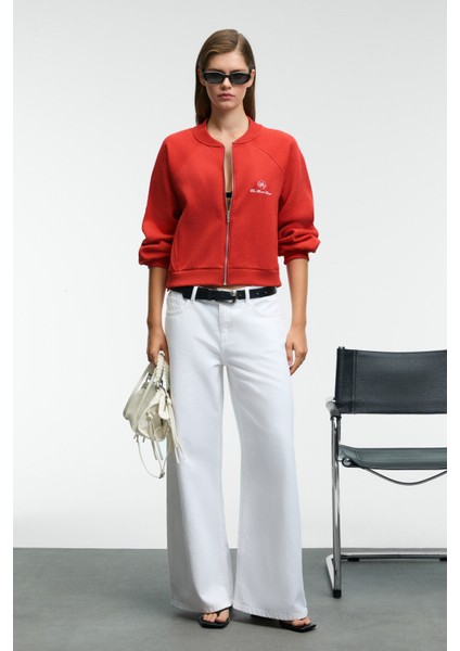 YASVELL Kadın Metal Fermuarlı Çift Cepli Nakış Detaylı Balon Kollu Bomber Kırmızı Ceket fiyatları