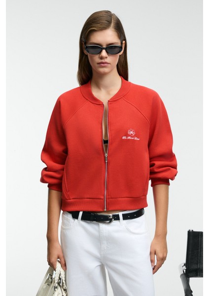 YASVELL Kadın Metal Fermuarlı Çift Cepli Nakış Detaylı Balon Kollu Bomber Kırmızı Ceket modelleri