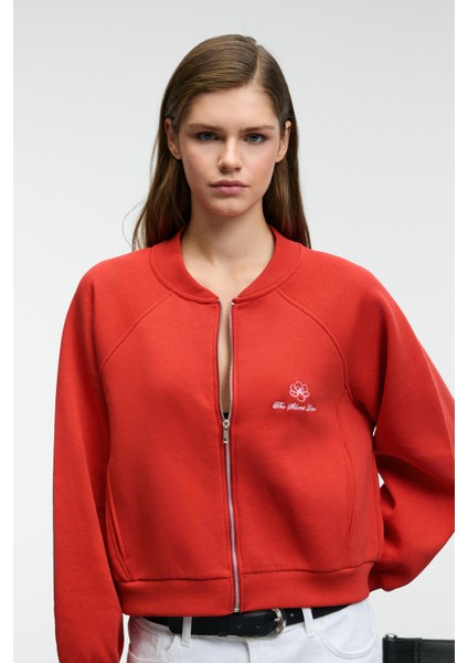 YASVELL Kadın Metal Fermuarlı Çift Cepli Nakış Detaylı Balon Kollu Bomber Kırmızı Ceket indirimleri