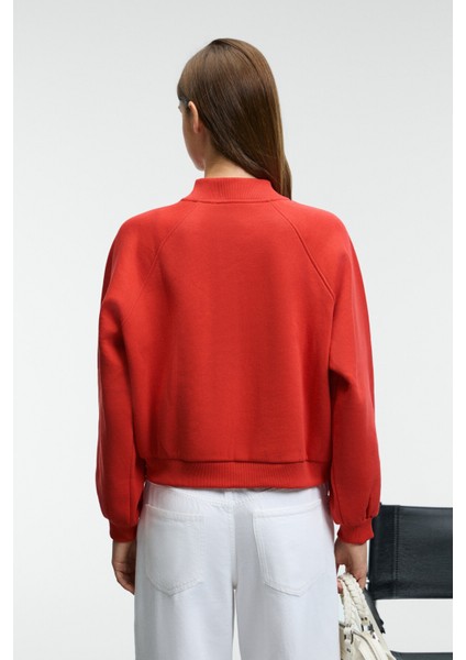 YASVELL Kadın Metal Fermuarlı Çift Cepli Nakış Detaylı Balon Kollu Bomber Kırmızı Ceket