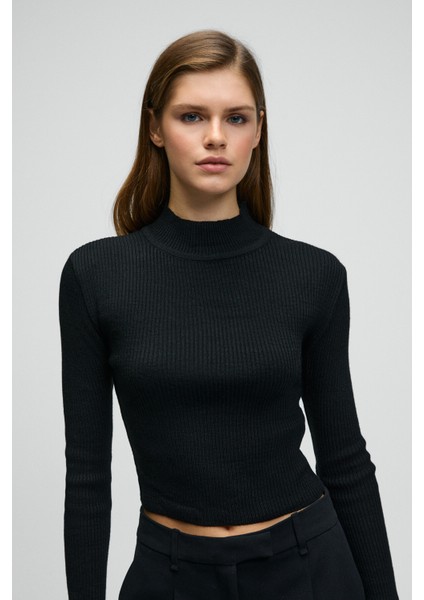 CALIDA Kadın Dik Yaka Fitilli Görünümlü Slim Fit Triko Siyah Kazak