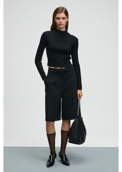 CALIDA Kadın Dik Yaka Fitilli Görünümlü Slim Fit Triko Siyah Kazak fiyatları