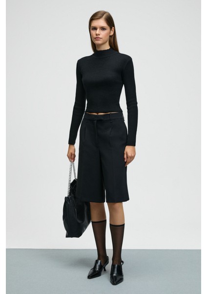 CALIDA Kadın Dik Yaka Fitilli Görünümlü Slim Fit Triko Siyah Kazak fırsatları