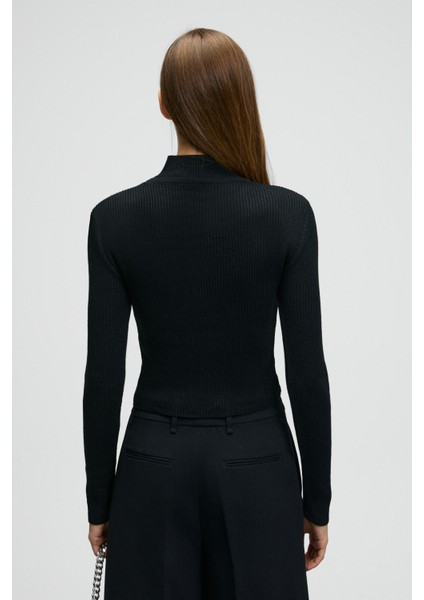 CALIDA Kadın Dik Yaka Fitilli Görünümlü Slim Fit Triko Siyah Kazak