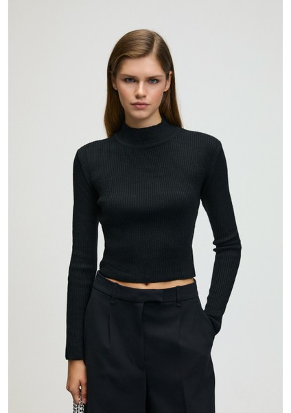 CALIDA Kadın Dik Yaka Fitilli Görünümlü Slim Fit Triko Siyah Kazak modelleri