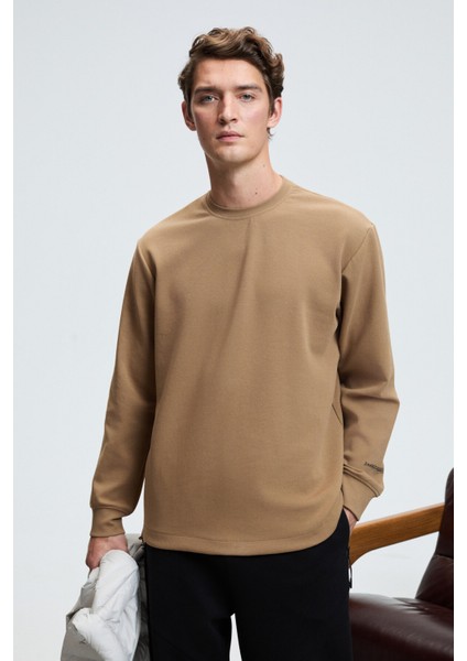 EDMUND Erkek Kolu Baskılı Eteği Lastik ve Stoperli Bisiklet Yaka Vizon Sweatshirt