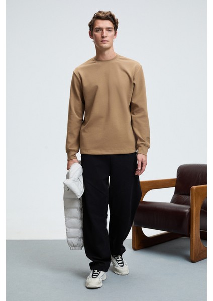 EDMUND Erkek Kolu Baskılı Eteği Lastik ve Stoperli Bisiklet Yaka Vizon Sweatshirt modelleri