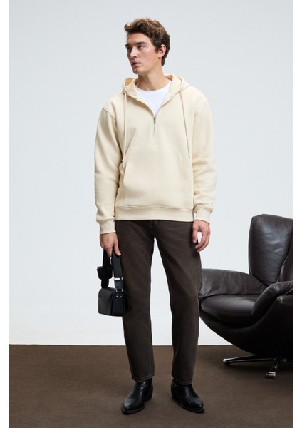 JUSTUS Erkek Kapüşonlu Kanguru Cepli Fermuar Yakalı Krem Sweatshirt fiyatları