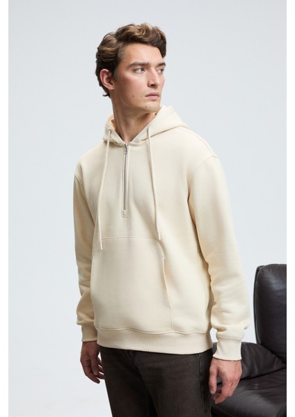 JUSTUS Erkek Kapüşonlu Kanguru Cepli Fermuar Yakalı Krem Sweatshirt indirimleri