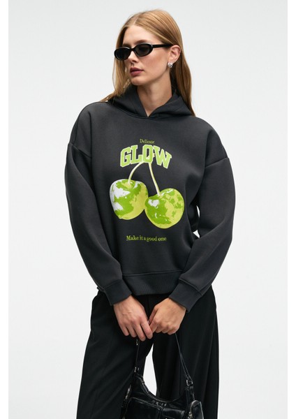 YANMESA Kadın Oversize Baskı Ve Nakış Detaylı Uzun Kollu Kapüşonlu Koyu Antrasit Sweatshirt fiyatları