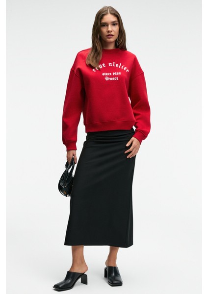 MOREVESSA Kadın Regular Fit Baskı Detaylı Yuvarlak Yakalı Kırmızı Sweatshirt indirimleri