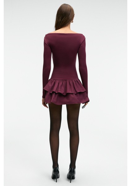 PANI TRUSEA Kadın Üstü Esnek Eteği Dokuma Kumaşlı Regular Mini Bordo Elbise