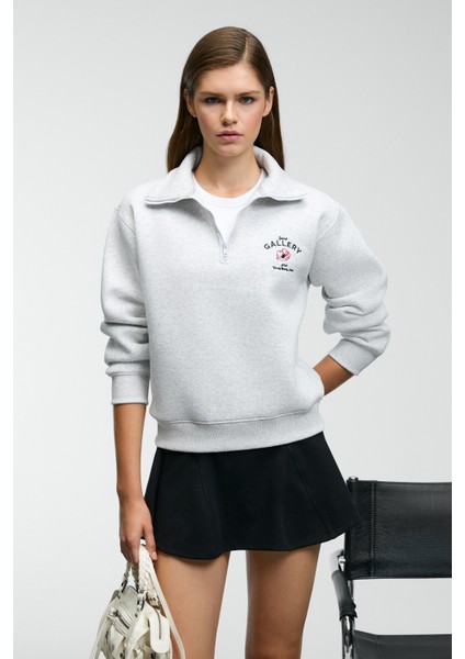 BELLE Kadın Nakış Detaylı Yarım Fermuarlı Dik Yakalı Regular Fit Grimelanj Sweatshirt modelleri