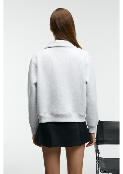 BELLE Kadın Nakış Detaylı Yarım Fermuarlı Dik Yakalı Regular Fit Grimelanj Sweatshirt