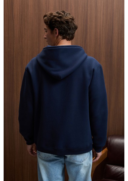 JUSTUS Erkek Kapüşonlu Kanguru Cepli Fermuar Yakalı Lacivert Sweatshirt