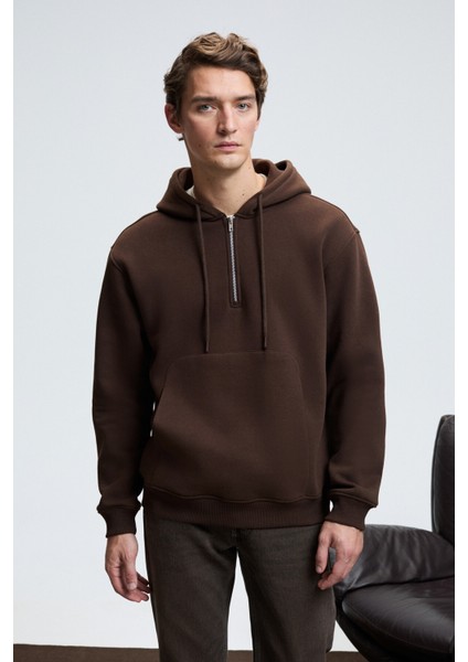 JUSTUS Erkek Kapüşonlu Kanguru Cepli Fermuar Yakalı Kahverengi Sweatshirt
