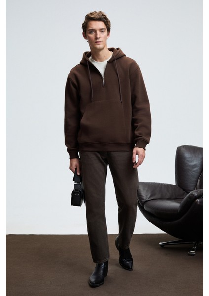 JUSTUS Erkek Kapüşonlu Kanguru Cepli Fermuar Yakalı Kahverengi Sweatshirt fiyatları