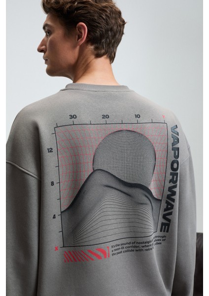PERCY Erkek Yuvarlak Yaka Göğsü Baskılı Sırtı Baskılı Oversize Koyu Gri Sweatshirt