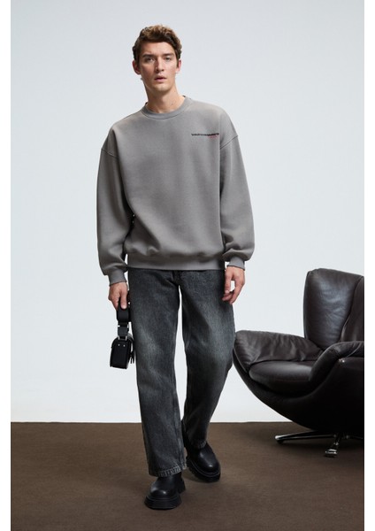 PERCY Erkek Yuvarlak Yaka Göğsü Baskılı Sırtı Baskılı Oversize Koyu Gri Sweatshirt fiyatları