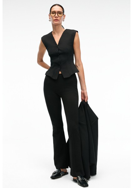 KALYYSIA Kadın Yüksek Bel Geniş Paçalı Slim Fit Siyah Pantolon