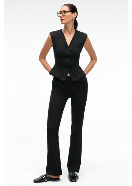 KALYYSIA Kadın Yüksek Bel Geniş Paçalı Slim Fit Siyah Pantolon