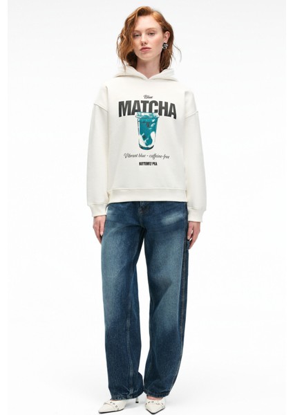 YANMESA Kadın Oversize Baskı Ve Nakış Detaylı Uzun Kollu Kapüşonlu Beyaz Sweatshirt fiyatları