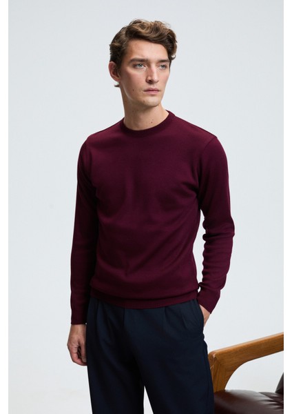 VAREX Erkek Yuvarlak Yaka Basic Slim Fit Triko Bordo Kazak