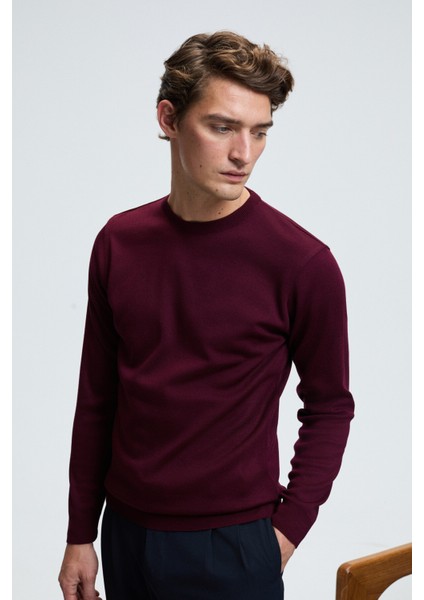 VAREX Erkek Yuvarlak Yaka Basic Slim Fit Triko Bordo Kazak modelleri