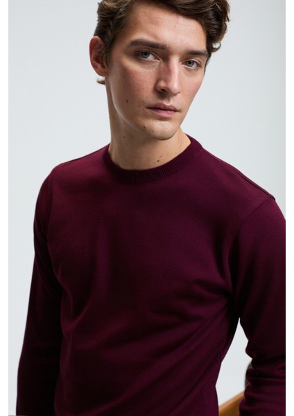 VAREX Erkek Yuvarlak Yaka Basic Slim Fit Triko Bordo Kazak