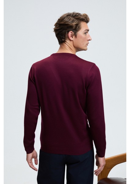 VAREX Erkek Yuvarlak Yaka Basic Slim Fit Triko Bordo Kazak