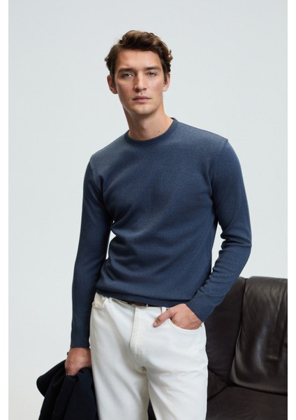 VAREX Erkek Yuvarlak Yaka Basic Slim Fit Triko Mavi Kazak