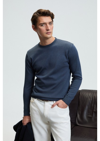 VAREX Erkek Yuvarlak Yaka Basic Slim Fit Triko Mavi Kazak indirimleri