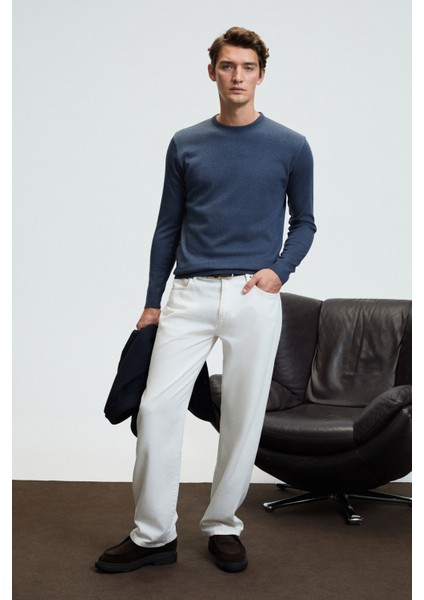 VAREX Erkek Yuvarlak Yaka Basic Slim Fit Triko Mavi Kazak