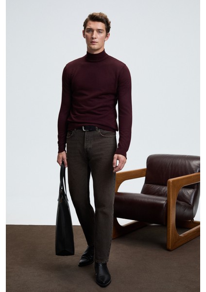 REBEL Erkek Yarım Balıkçı Yaka Basic Slim Fit Triko Bordo Kazak indirimleri
