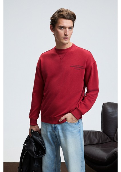 CASPIAN Erkek %100 Pamuk Bisiklet Yaka Karyoka Dikişli Baskılı Kırmızı Sweatshirt fiyatları