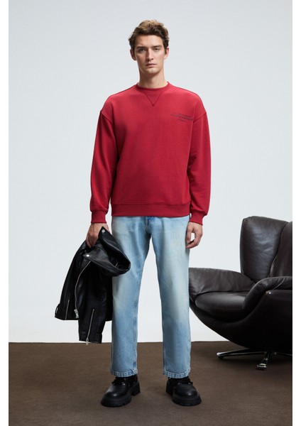 CASPIAN Erkek %100 Pamuk Bisiklet Yaka Karyoka Dikişli Baskılı Kırmızı Sweatshirt fırsatları