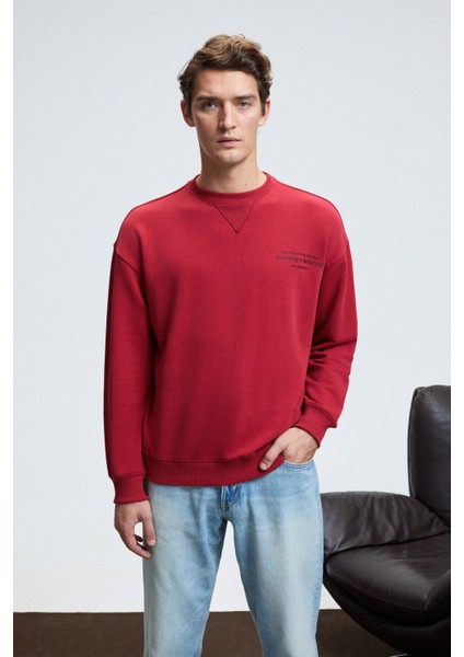 CASPIAN Erkek %100 Pamuk Bisiklet Yaka Karyoka Dikişli Baskılı Kırmızı Sweatshirt indirimleri