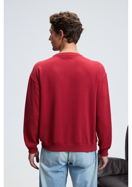 CASPIAN Erkek %100 Pamuk Bisiklet Yaka Karyoka Dikişli Baskılı Kırmızı Sweatshirt