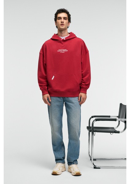 CLAY Erkek %100 Pamuk Kapüşonlu Çıtçıtlı Baskılı Cebi Süs Etiketli Kırmızı Sweatshirt