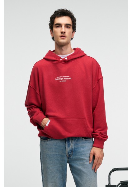 CLAY Erkek %100 Pamuk Kapüşonlu Çıtçıtlı Baskılı Cebi Süs Etiketli Kırmızı Sweatshirt fiyatları