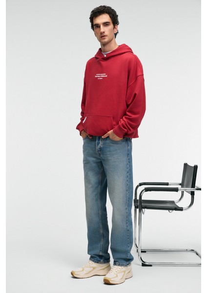 CLAY Erkek %100 Pamuk Kapüşonlu Çıtçıtlı Baskılı Cebi Süs Etiketli Kırmızı Sweatshirt modelleri
