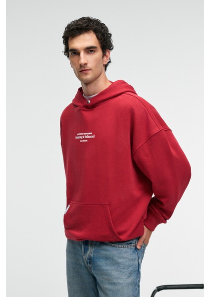 CLAY Erkek %100 Pamuk Kapüşonlu Çıtçıtlı Baskılı Cebi Süs Etiketli Kırmızı Sweatshirt fırsatları