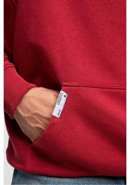 CLAY Erkek %100 Pamuk Kapüşonlu Çıtçıtlı Baskılı Cebi Süs Etiketli Kırmızı Sweatshirt indirimleri