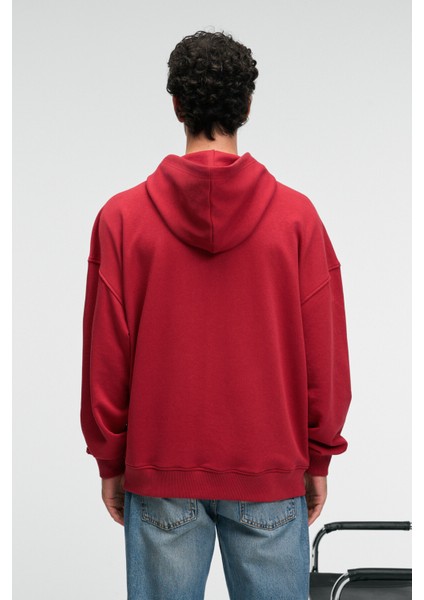 CLAY Erkek %100 Pamuk Kapüşonlu Çıtçıtlı Baskılı Cebi Süs Etiketli Kırmızı Sweatshirt